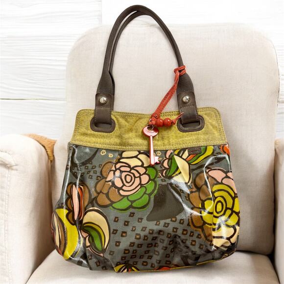 Fossil Key-Per Gray & Green Floral Hobo Bag Purse Coated Canvas Leather Trim - Picture 1 of 11